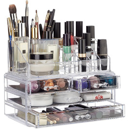 Relaxdays Make Up Organizer Acryl, 2-teilige Schminkaufbewahrung mit Lippenstifthalter und 4 Schubladen, transparent, 19 x 24 x 13.5 cm