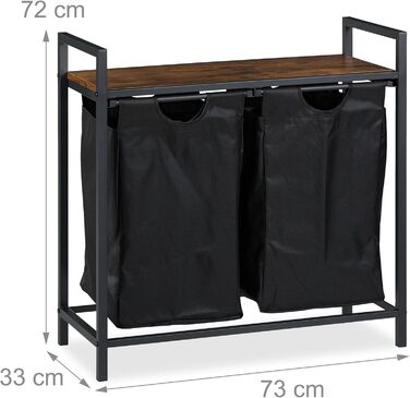 Relaxdays Wäschekorbregal, 72x73x33 cm, 2 ausziehbare Fächer, Wäschesammler Industrial, schwarz/braun