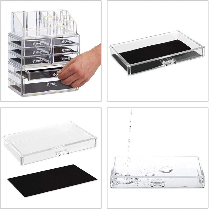 Relaxdays  x Make Up Organizer mit Schubladen, stapelbarer Schmuckkasten für Make Up, Acryl Schminkaufbewahrung,     Stück (1, Transparent-gold, 1 Stück)