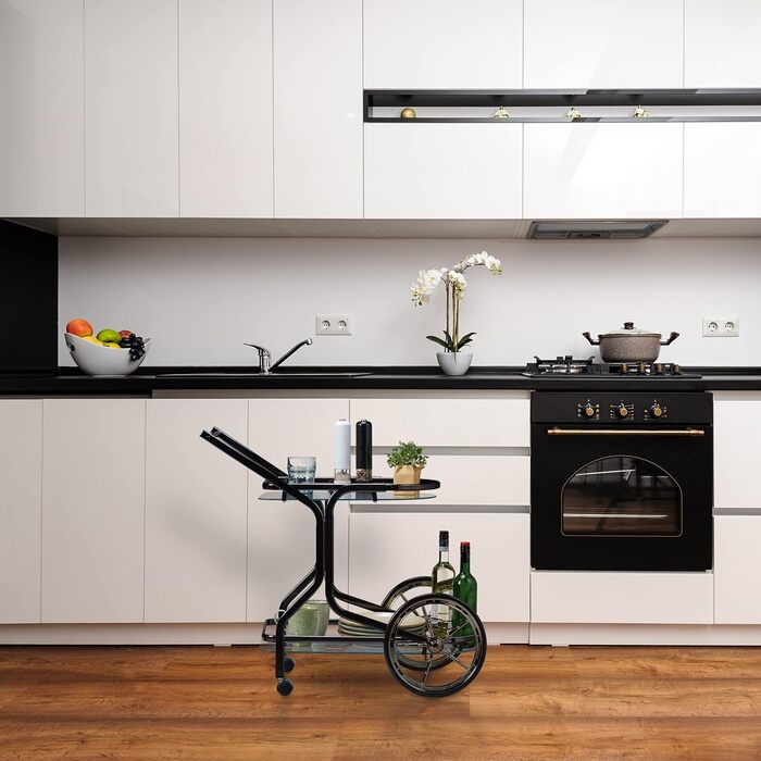 Relaxdays Servierwagen, 2 Ablagen, 76x46x82 cm, Glas & Eisen, Beistellwagen auf Rollen, schwarz