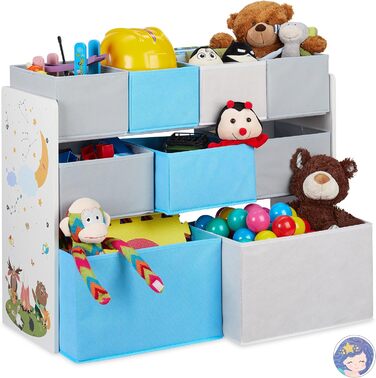 Relaxdays Kinderregal mit 9 Stoffboxen, Lagerfeuer Kindermotiv, Spielzeugregal Organizer HBT 66 x 82,5 x 29,5 cm, bunt