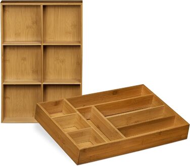 Relaxdays Bambus Schubladeneinsatz 2er Set 6,5x30,5x46cm Küchenorganizer mit Trennwänden, Besteckkasten, natur