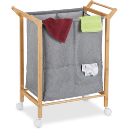 Relaxdays Wäschekorb, 2 Fächer, 80 l, auf Rollen, Bambus & Stoff, 76x65x35 cm, natur/grau