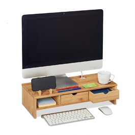 Relaxdays Monitorständer aus Bambus, mit Ablagefach & 2 Schubladen, 13x54x23cm, Natur