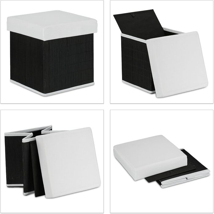 Relaxdays Sitzhocker, faltbar, Stauraum, 35x35x35 cm, Bambus, Schwarz/Weiß