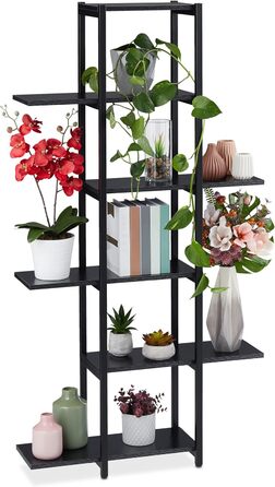 Relaxdays Pflanzenregal, 6 Ablagen, 150x78x24 cm, Stahl & MDF, innen, Schwarz