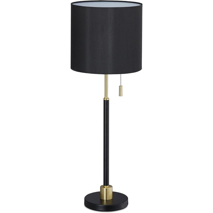 Relaxdays Tischlampe mit Zugschalter, elegante Nachttischlampe mit Stoffschirm, E27 Fassung, HD 69 x 24 cm, schwarz-gold