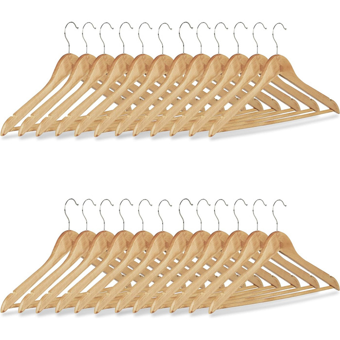 Relaxdays 84 x Kleiderbügel, Hosenbügel aus Holz, Garderobenbügel, Haken 360° drehbar, HxB: 22,5x44,5cm, Holzbügel, /Silber (1, Natur, 24er Pack)