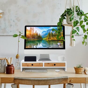 Relaxdays Monitorständer, 2 Schubladen, PC-Erhöhung, 12x56x27 cm, Bambus & MDF, weiß/Natur