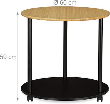 Relaxdays runder Beistelltisch mit Rollen, modernes Design, Bambus, HxD: 59 x 60 cm, schwarz/natur