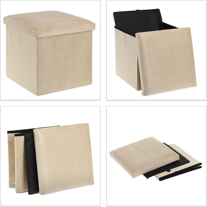 Relaxdays Sitzhocker, faltbar, 38x38x38 cm, Stauraum, MDF & Samt, Creme