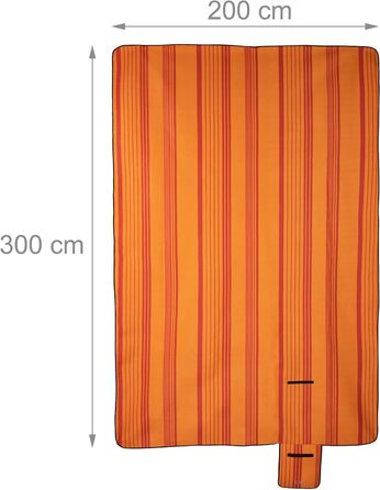 Relaxdays XXL Picknickdecke, 200x300 cm, isoliert, wasserdicht, gestreifte Fleece Stranddecke, Tragegriff, orange/rot