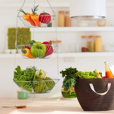 Relaxdays Hängekorb 3 Etagen, Obstkörbe, 3er Etagere für Decke, platzsparend in Küche, Stahl, silber, 73x28x28cm