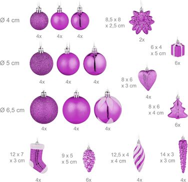 Relaxdays 72er Set Weihnachtskugeln: glitzernd, matt, glänzend, Stiefel, Herz, Zapfen, lila Kunststoff