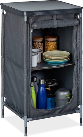 Relaxdays Campingschrank mit 2 Ablagen, HBT: 87x47,5x47,5 cm, Campingregal mit Tischaufsatz, Stauraum im Vorzelt, grau