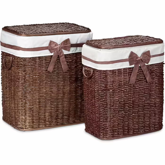 Relaxdays 2er Set Buri Wäschetruhe 67L, stapelbar, mit Wäschesack, atmungsaktiv, rotbraun, 56,5x46,5x33,5 cm