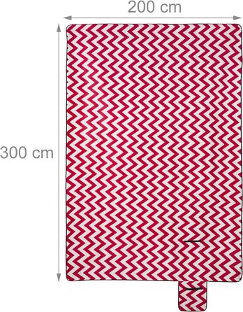 Relaxdays XXL Picknickdecke, 200x300 cm, isolierte Unterseite, Tragegriff, Fleece Stranddecke, Zickzack, weich, rot/weiß