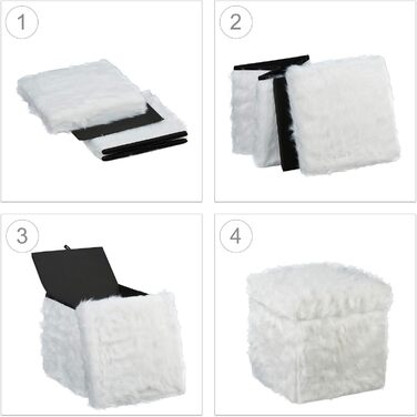 Relaxdays Sitzwürfel Fell, Faltbar, Gepolstert, Plüsch, Hocker mit Stauraum, 40 L, 39x38x38 cm, weiß