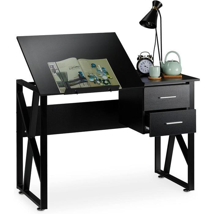 Relaxdays Schreibtisch neigbar, verstellbare Arbeitsfläche, Laptoptisch oder Zeichentisch, HBT 75x110x55cm,  (Schwarz)