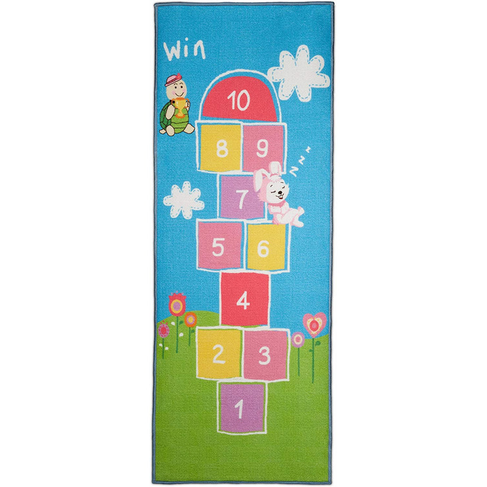 Relaxdays Kinderteppich Hüpfspiel, 180 x 70 cm, 10 Hüpfkästchen, Kurzflor, gummierte Unterseite, Spielteppich, bunt, 1 Stück