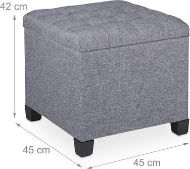 Relaxdays Sitzhocker mit Stauraum, 42x45x45 cm, gesteppt, Stoffbezug, Schaumstoffpolster, grau