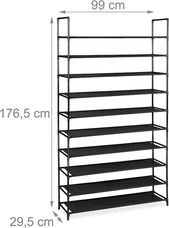 Relaxdays XXL Schuhregal Stecksystem, 10 Ebenen, für 50 Paar Schuhe, Stoff Schuhständer HBT 176,5x99x29,5 cm, (Schwarz)