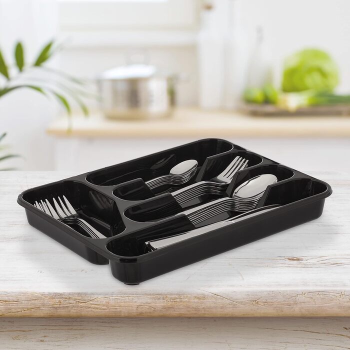 Relaxdays Besteckkasten, 2er Set, 5 Fächer, Kunststoff, schwarz (24,5x32,5 cm)