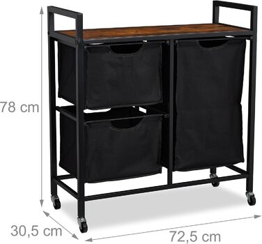 Relaxdays Wäschekorbregal, 3 Fächer, rollbar, Wäschesammler, Industrial Design, schwarz/braun