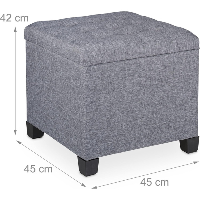 Relaxdays Sitzhocker mit Stauraum, 42x45x45 cm, gesteppt, Stoffbezug, Schaumstoffpolster, grau