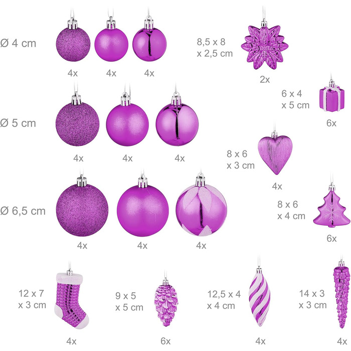 Relaxdays 72er Set Weihnachtskugeln: glitzernd, matt, glänzend, Stiefel, Herz, Zapfen, lila Kunststoff