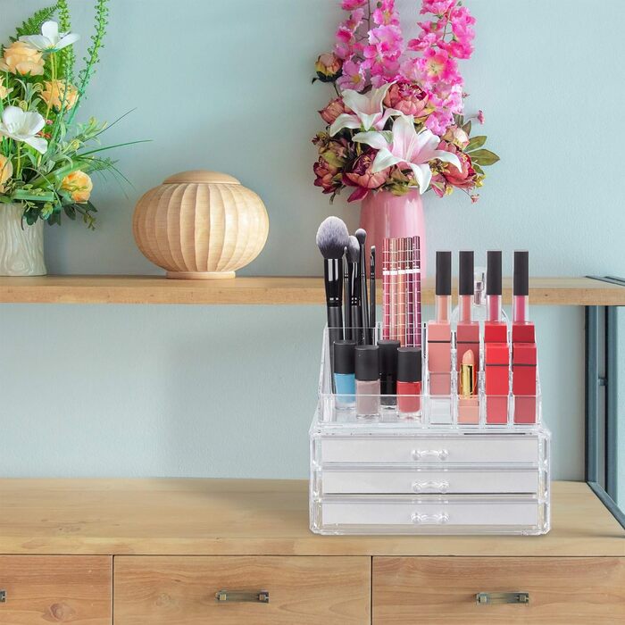 Relaxdays Make Up Organizer, 2-teilig, mit Schmuckkästchen, 3 Schubladen, Kunststoff, HBT 18,5x23,5x15 cm, (Transparent)