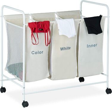 Relaxdays Wäschesortierer, 3 beschriftete Fächer, Rollen zum Feststellen, Volumen 100 Liter, HxBxT 76 x 80 x 46cm, beige, 1 Stück