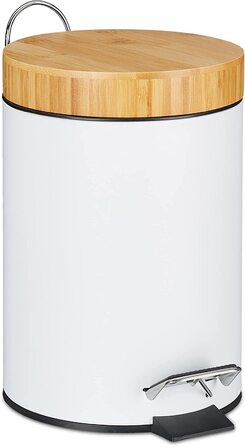 Relaxdays Mülleimer Bad, 3 l, Kosmetikeimer mit Absenkautomatik, Bambusdeckel, entnehmbarer Inneneimer, Treteimer, weiß