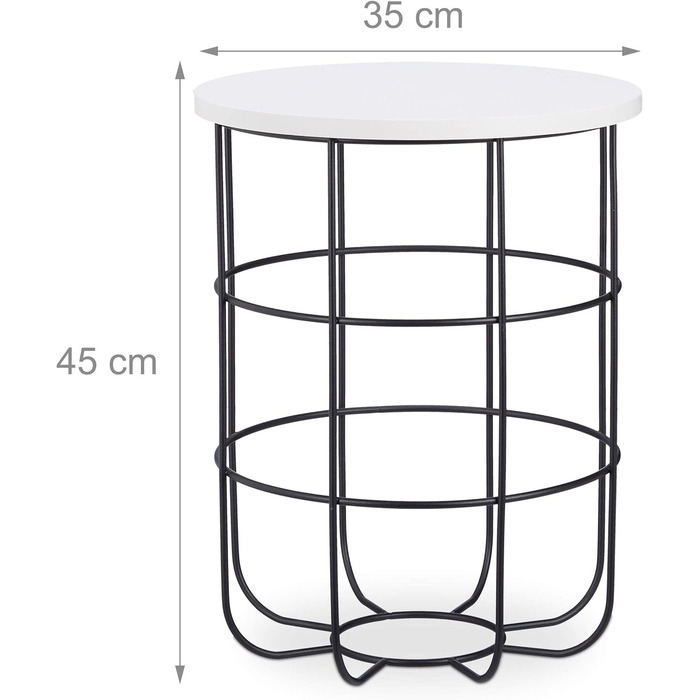 Relaxdays, weiß-schwarz runder Beistelltisch mit Metallkorb, dekorativer Couchtisch, Wohnzimmertisch modern, 45cm hoch, Design B