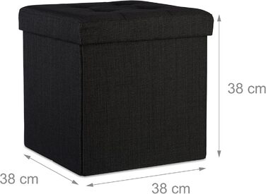 Relaxdays Faltbarer Sitzhocker, Sitzcube, Leinen, mit Deckel, 38x38x38 cm, Schwarz