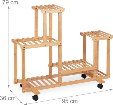 Relaxdays Pflanzenregal, Blumenständer mit 6 Ablagen, Bambus, 79x95x36 cm, rollbar, für Innenbereich
