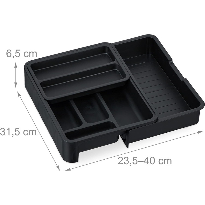 Relaxdays Besteckkasten, ausziehbar, HxBxT: 6,5 x 23,5-40 x 31,5 cm, 7 Fächer, Kunststoff, schwarz
