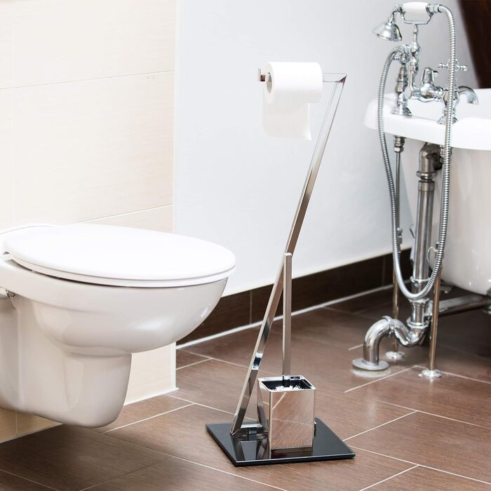 Relaxdays WC Garnitur GLASS H x B x T: 77 x 25 x 25 cm Toilettenpapierhalter aus Glas und Metall in Edelstahl-Optik mit Klobürste als Klopapierhalter freistehend WC Bürstengarnitur, silber-schwarz