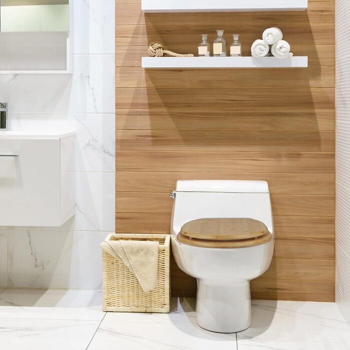 Relaxdays Toilettendeckel mit Absenkautomatik & Quick Release, 37,5 x 43,5 cm, Bambus, Montage von Oben, oval, Natur