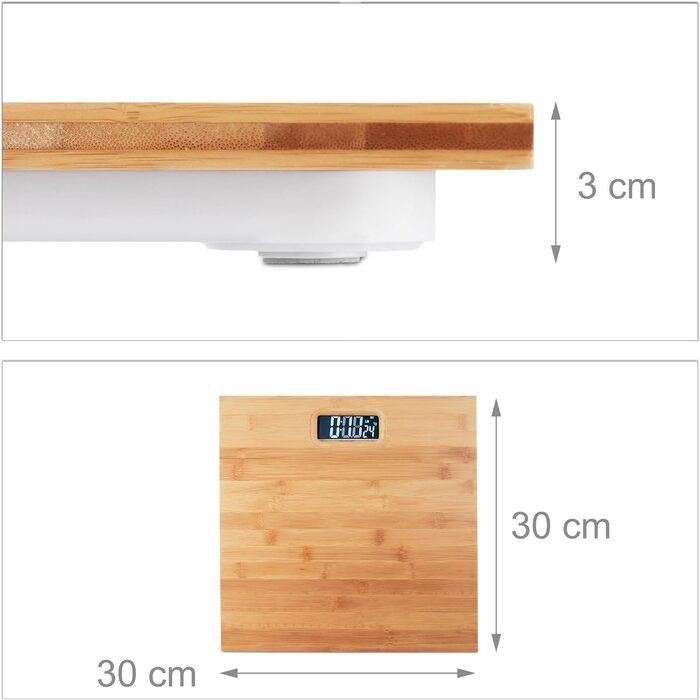 Relaxdays, Natur Personenwaage digital, Traglast 180 kg, Bambus, batteriebetrieben, Digitalwaage, HxBxT: 3 x 30 x 30 cm