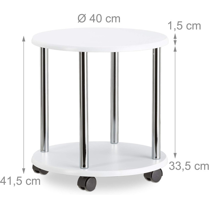 Relaxdays rollbarer Beistelltisch, Holz, 4 Rollen, 2 Ebenen, MDF, HBT: 41,5x40x40cm, weiß rund