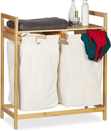 Relaxdays Wäschekorb Bambus, Wäschesortierer mit Ablage, 2 Fächer, ausziehbar, tragbarer Wäschebehälter, 60 Liter, Natur, 1 S