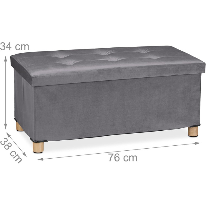 Relaxdays Sitzbank mit Stauraum, Samt, Holzfüße, bis 120 kg, faltbar, 34x76x38 cm, Anthrazit