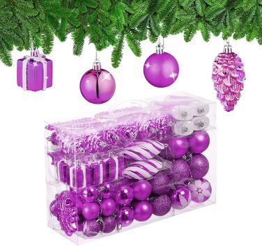 Relaxdays 72er Set Weihnachtskugeln: glitzernd, matt, glänzend, Stiefel, Herz, Zapfen, lila Kunststoff