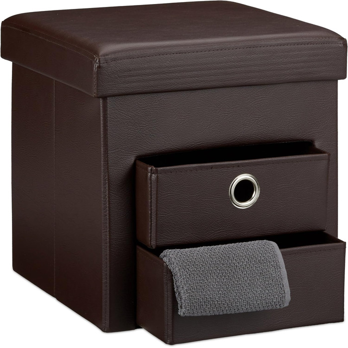 Relaxdays faltbarer Sitzhocker mit Stauraum, Kunstleder, 2 Fächer, Braun, 38x38x38 cm