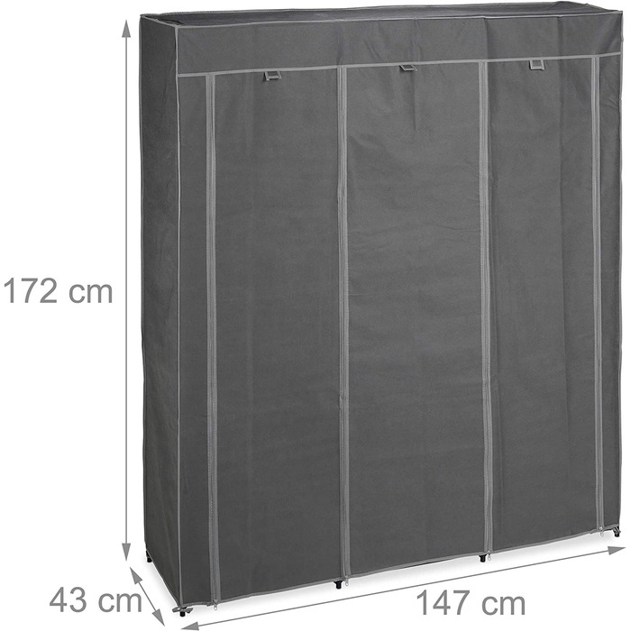 Relaxdays Stoffschrank mit Kleiderstange & 9 Ablagen, HxBxT: 172x147x43cm, Kleiderschrank mit Reißverschluss, anthrazit