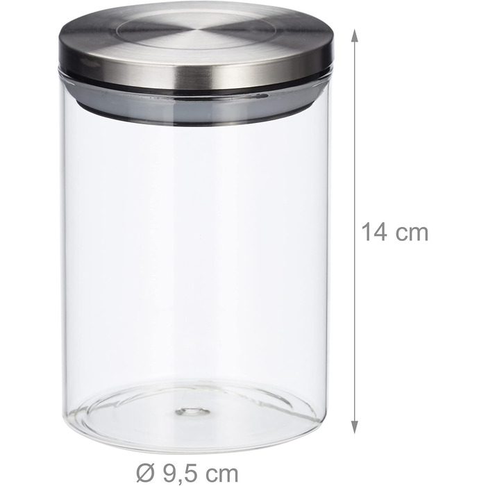 Relaxdays Vorratsglas 3er Set, 600ml, luftdicht, Edelstahl Deckel, für Müsli, Reis & Tee, 14x9.5x9.5 cm