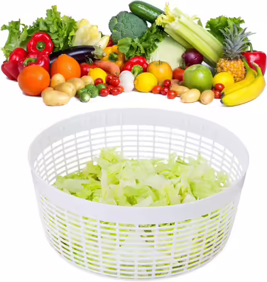 Relaxdays 10024697 Salatschleuder zum Ziehen, Profi Salad Spinner, großer Salattrockner, XXL Salatkarusssel 7 Liter, weiß-grün