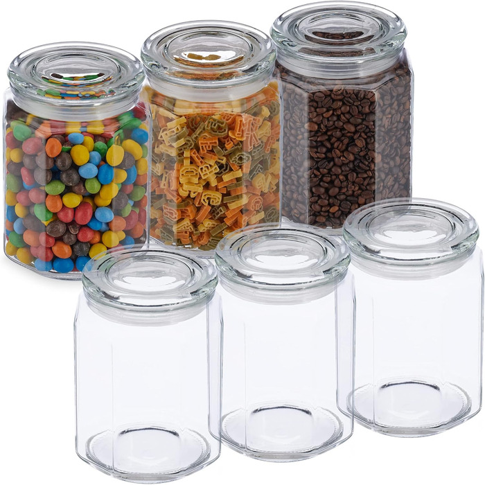 Relaxdays Vorratsgläser, 6er Set, 1,8 l, achteckige Dosen, luftdicht, transparent