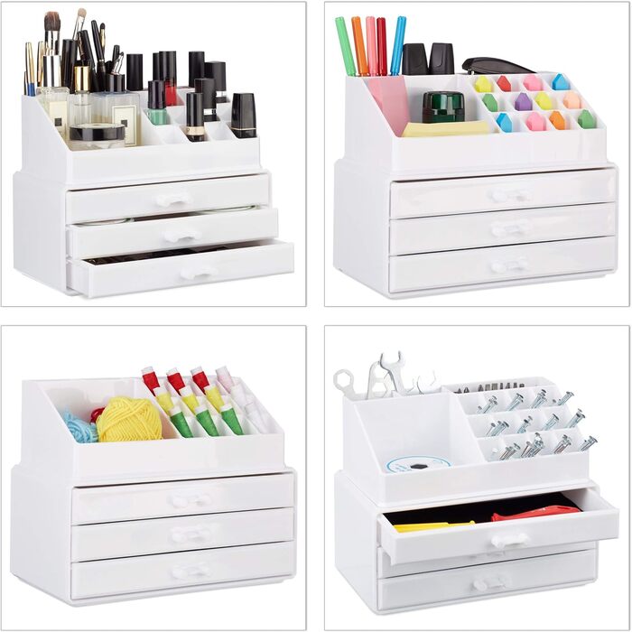 Relaxdays  x Make Up Organizer klein, 2-teilige Schminkaufbewahrung mit 3 Schubladen, stapelbares Kosmetikregal,    9 x 23.5 x 4 cm (1, Transparent, 19 x 23.5 x 14 cm)